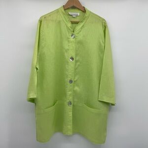 Caroline Rose Women’s Long‎ Line Button Front Tunic 1X Lime Green Vintage Linen